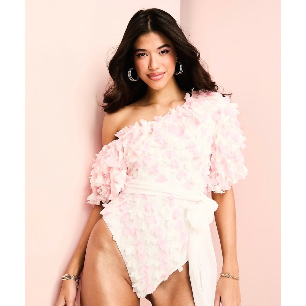 ASOS LUXE Curve NWOT One-Shoulder- Pink 3D Floral Ruffle Bodysuit sz 22